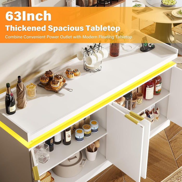 63" Sideboard Buffet Cabinet, Kitchen Buffet Cabinet Storage Cabinets with Power Outlets & LED Light, Modern Sideboard Coffee Bar Buffet Cabinets for Kitchen, Dinning, Living Room, White