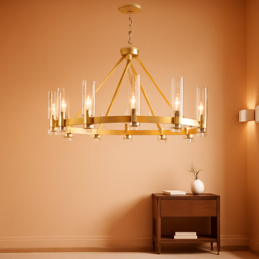 Wagon Wheel Chandelier, 12-Light Golden Farmhouse round Chandelier, Industrial Lighting Fixtures, Glass Pendant Light Suitable for Porch, Dining Room, Living Room, and Bedroom.