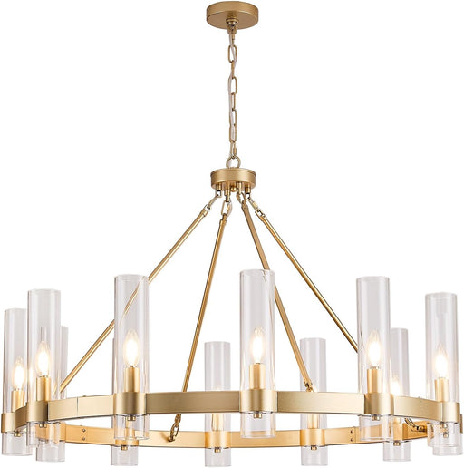 Wagon Wheel Chandelier, 12-Light Golden Farmhouse round Chandelier, Industrial Lighting Fixtures, Glass Pendant Light Suitable for Porch, Dining Room, Living Room, and Bedroom.