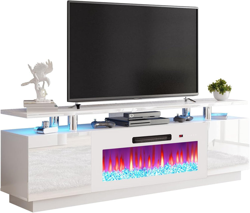 Fireplace TV Stand with 36" Fireplace, 70" Modern Fireplace Entertainment Center LED Lights, 2 Tier TV Console Cabinet for Tvs up to 80", White & White
