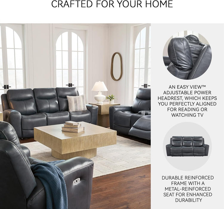 Mighty Moves Contemporary Power Leather Match Reclining Sofa with Position Lock, Adjustable Headrest and USB Charging Ports, Blue