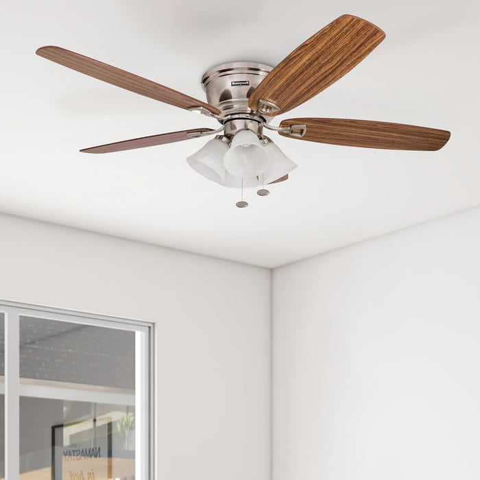 Ceiling Fans Glen Alden, 52 Inch Classic Flush Mount Indoor LED Ceiling Fan with Light, Pull Chain, Quick-2-Hang Dual Finish Blades, Reversible Motor - 50182 (Brushed Nickel)