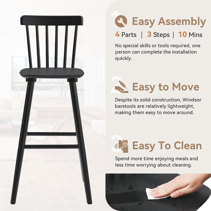 Windsor Wooden Barstools Set of 4 for Kitchen Island, Farmhouse 30 Inch Bar Height Stools Chairs with Spindle Back for Bar Bistro, Black
