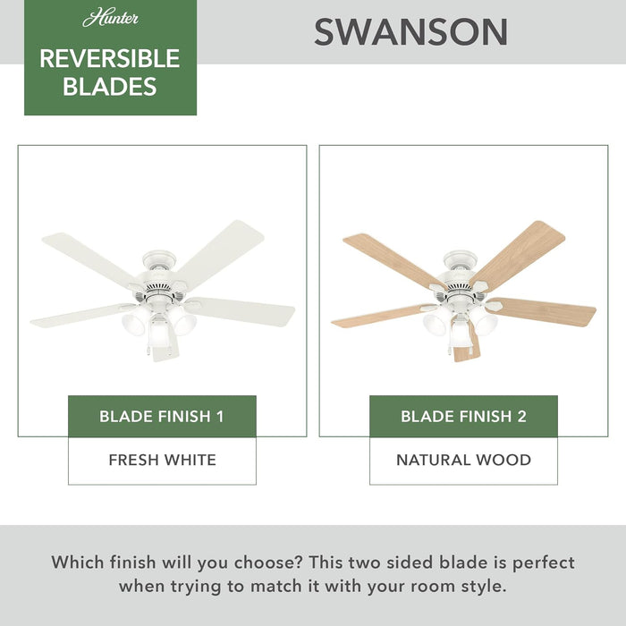 52 Inch Indoor Ceiling Fan with LED Lights - White Ceiling Fan with Pull Chain, for Bedroom, Living Room, or Kitchen, Standard Mount, No Remote, 5 Blades - Swanson 50895, Fresh White