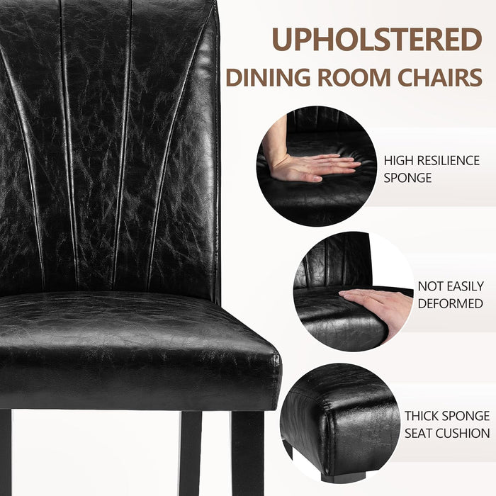 Upholstered Dining Chairs Set of 6, Modern PU Leather and Solid Wood Legs & High Back, Parsons for Kitchen/Living Room- Black