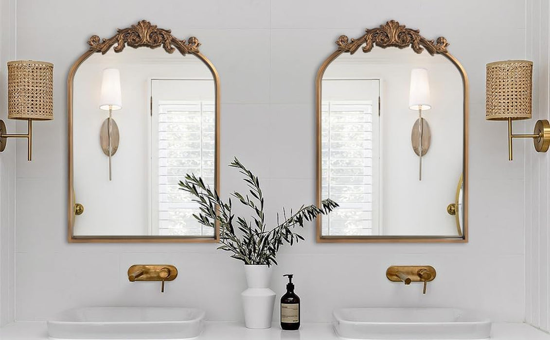 Antique Mirror,Gold Traditional Vintage Ornate Baroque Arched Brass Wall Mounted Mirrors for Entryway/Fireplace/Living Room/Hallway/Bathroom 19"X27"