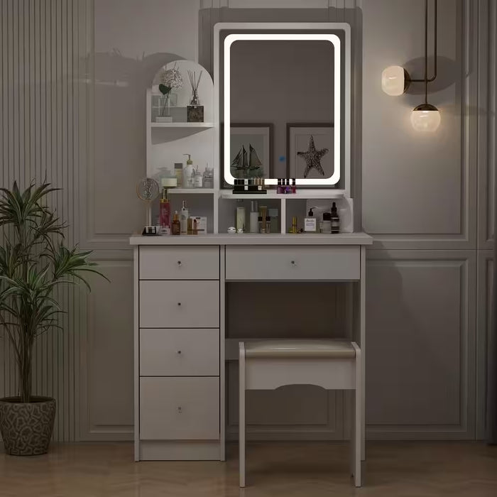 5-Drawers White Makeup Vanity Sets Dressing Table Sets with Stool, Mirror, LED Light and 3-Tier Storage Shelves