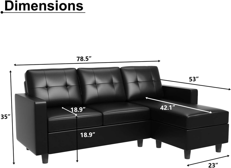 Faux Leather Sectional Sofa Convertible L Shape Couch for Small Space, Black