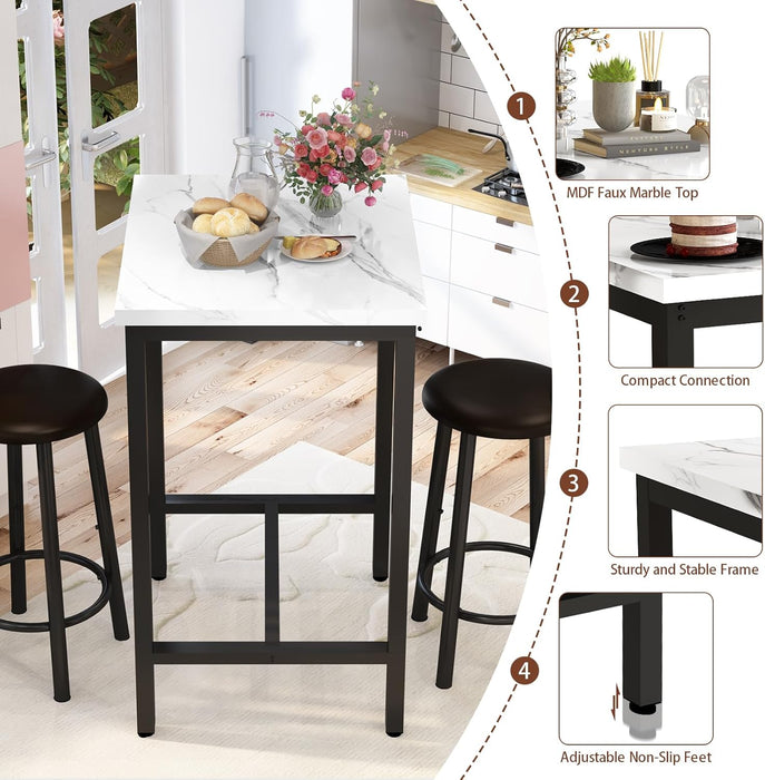 Dining Table Set for 2, 24" Square Kitchen Table and Chairs Set with MDF Tabletop & 2 PU Leather Chairs, Bar Pub Dining Set for Small Space Bar Kitchen Living Room Apartment, White