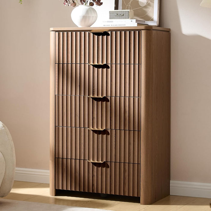Fluted 5 Drawers Dresser for Bedroom, 45.3" Tall Modern Chest of Drawers with Metal Handle, Natural Wooden Dresser TV Stand Boho Deep Drawer Dresserfor Bedroom Living Room-Brown