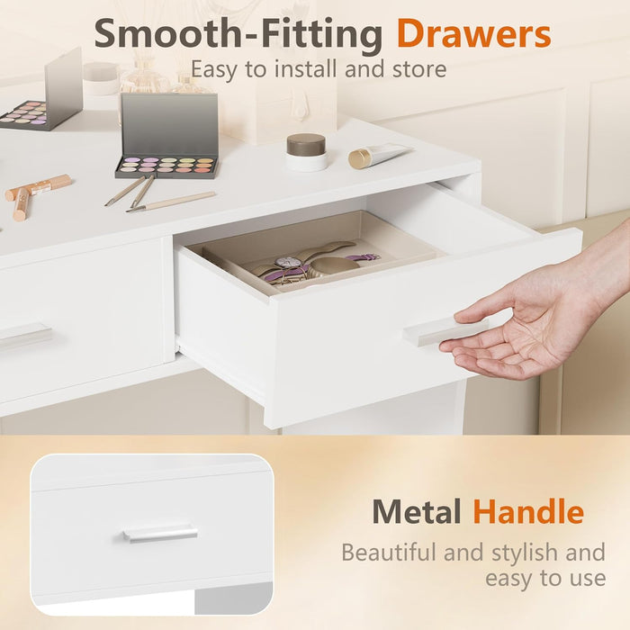 Makeup Vanity Desk with Large Lighted Mirror，35.4 Inch Makeup Vanity Table with 2 Drawers，Soft-Padded Storage Stool，3 Lighting Modes Available, Suitable for Bedrooms（White）