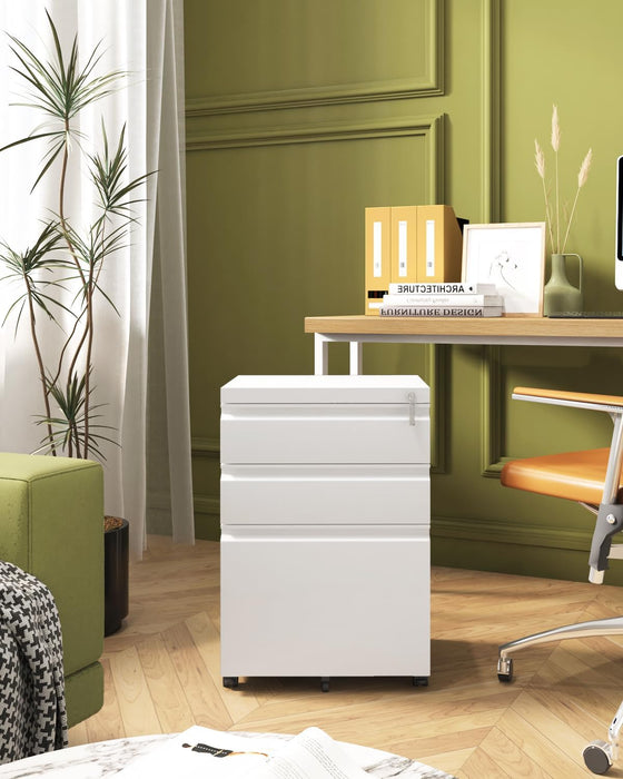 White Rolling File Cabinet with Lock