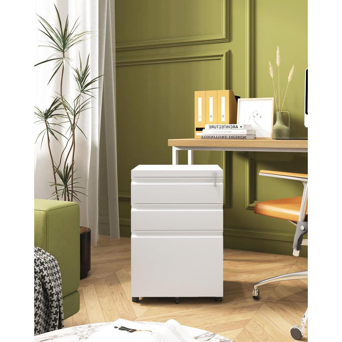 White Rolling File Cabinet with Lock