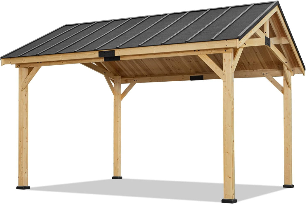 12' X15' Wood Gazebo, Spruce Solid Wood Hardtop Pavilion, Waterproof Asphalt Roof, for Patio, Lawn, Garden, Easy Installation