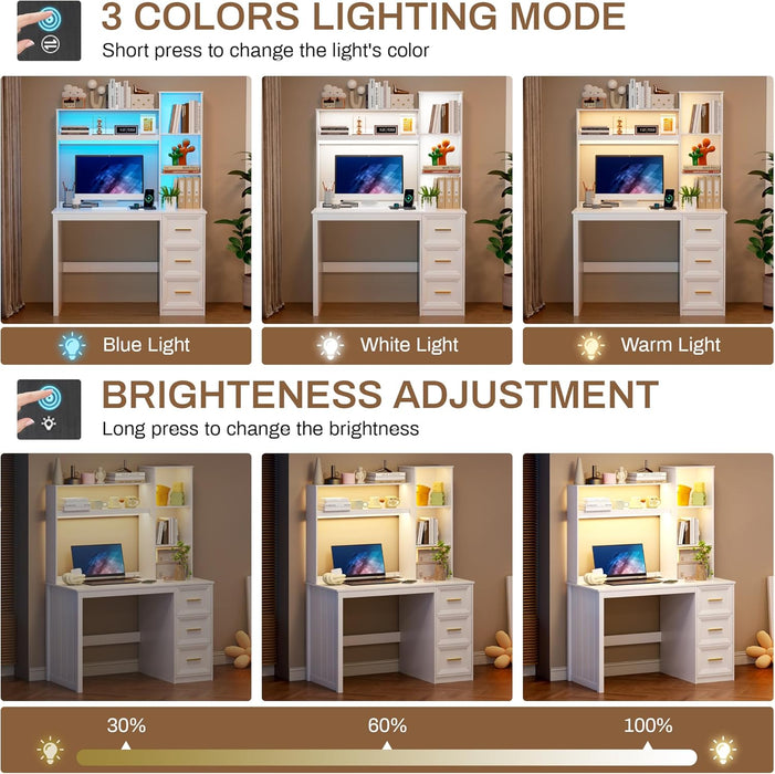 40” Home Office Desk with Hutch and Drawers, Computer Desk with Power Outlets and LED Light, Study Writing Gaming Table with Storage Shelves, Workstation for Bedroom, White
