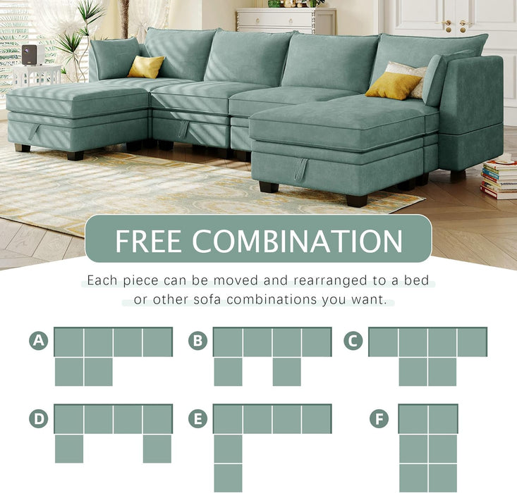 Large U-Shaped Combination Corner Sofa with Storage Seat, Modular Sectional Sofa with Reversible Chaise, for Living Room, Office, and Spacious Space, Light Green