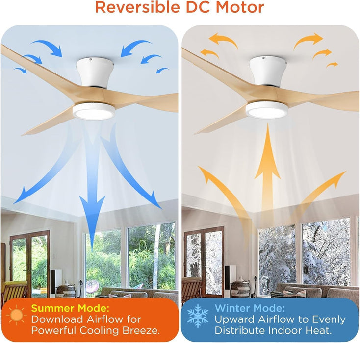 52 Inch Ceiling Fans with Lights and Remote, Flush Mount Low Profile Ceiling Fan with Reversible DC Motor ABS Blades for Bedroom Living Room Kitchen Light Oak Finish