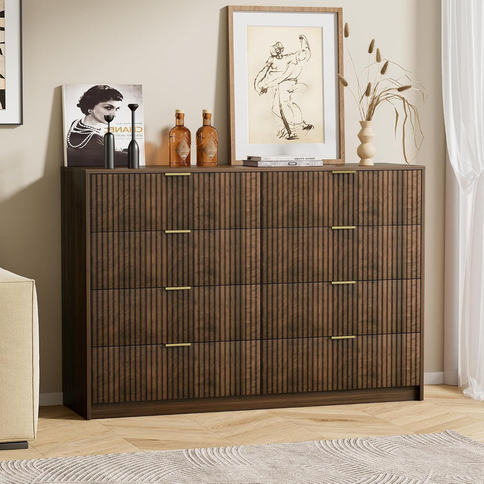 Walnut Dresser for Bedroom, Modern Dresser with 8 Drawers and Smooth Slides, Wide Chest of Drawers with Golden Handles for Bedroom, Closet, 15.7" D X 55" W X 37.4" H