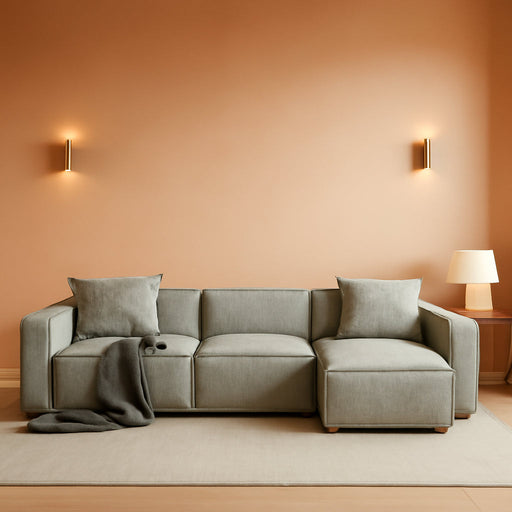 Luxury Modular Sectional Living Room Sofa Set, Modern Minimalist Style Couch with Ottoman and Chaise, L-Shape, Grey