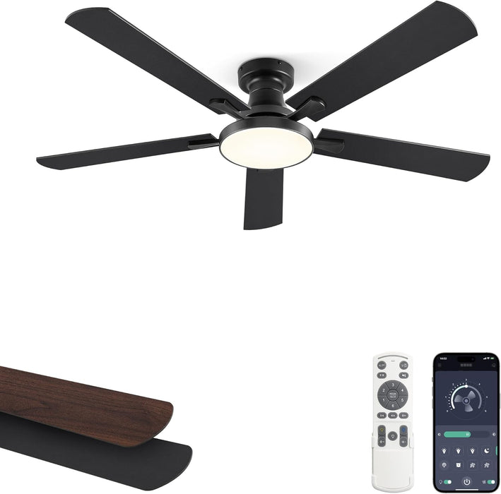 52 Inch Ceiling Fans with Lights, Flush Mount Low Profile Ceiling Fan with 6 Speeds & 3CCT, Smart Remote&App Control, Dimmable 24W LED Light, Quiet DC Motor for Living Room Bedroom,Black