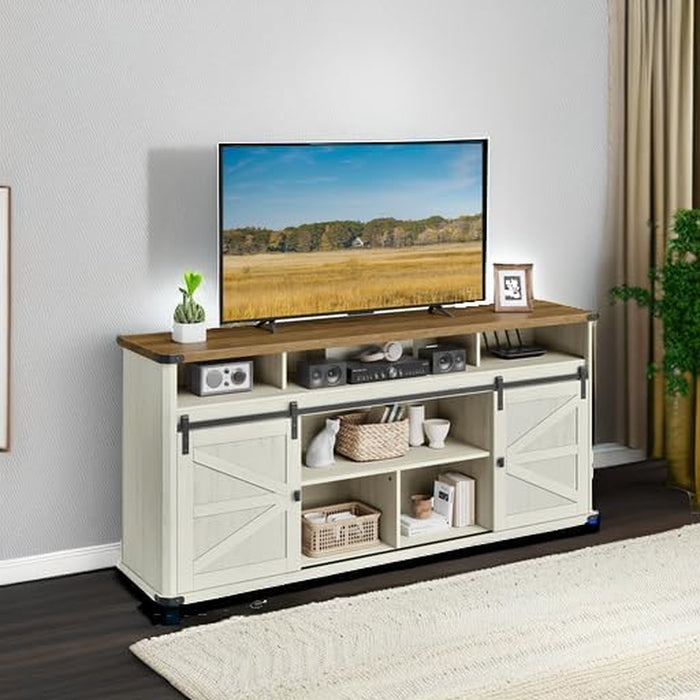 TV Stand for Tvs up to 75 Inches, Farmhouse Entertainment Center with Sliding Barn Doors, Console Table for Living Room, Rustic White and Honey Brown ULTV323W02