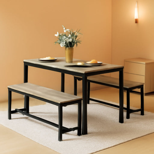 Dining Table Set for 4, Kitchen Room Table Set with 2 Benches, 3-Piece Dining Chairs Set for Breakfast Nook, Grey