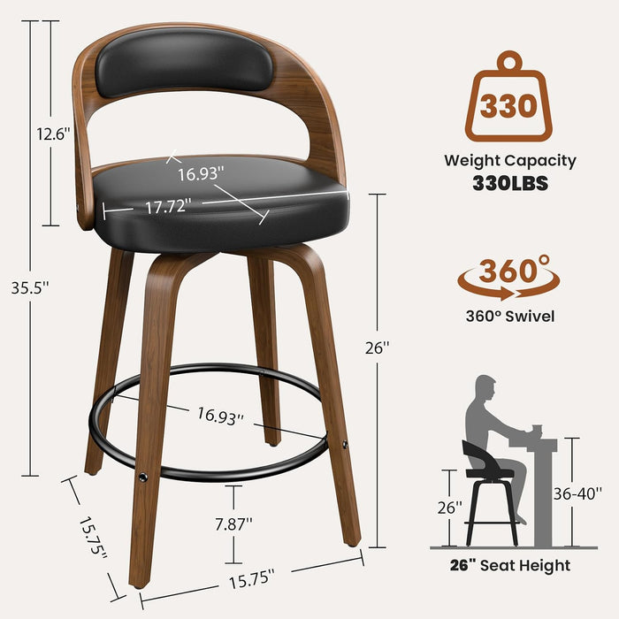 Swivel Bar Stools Set of 2, 26" Counter Height Bentwood Barstool | Mid-Century Modern PU Leather Upholstered Bar Chair with Back and Footrest, for Kitchen Island, Bar, Dining Room, Cafe, Black