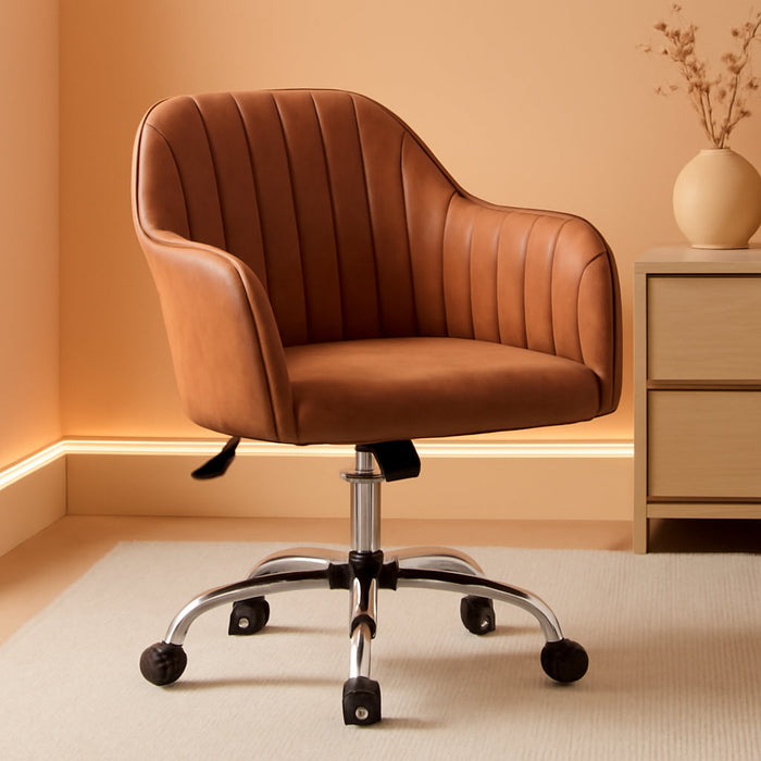 Modern Faux Leather Desk Chair Height Adjustable Task Chair Swivel Office Chair Makeup Chair Computer Chair Mid Back Chair Living Room Chairs with Arms Retro Brown