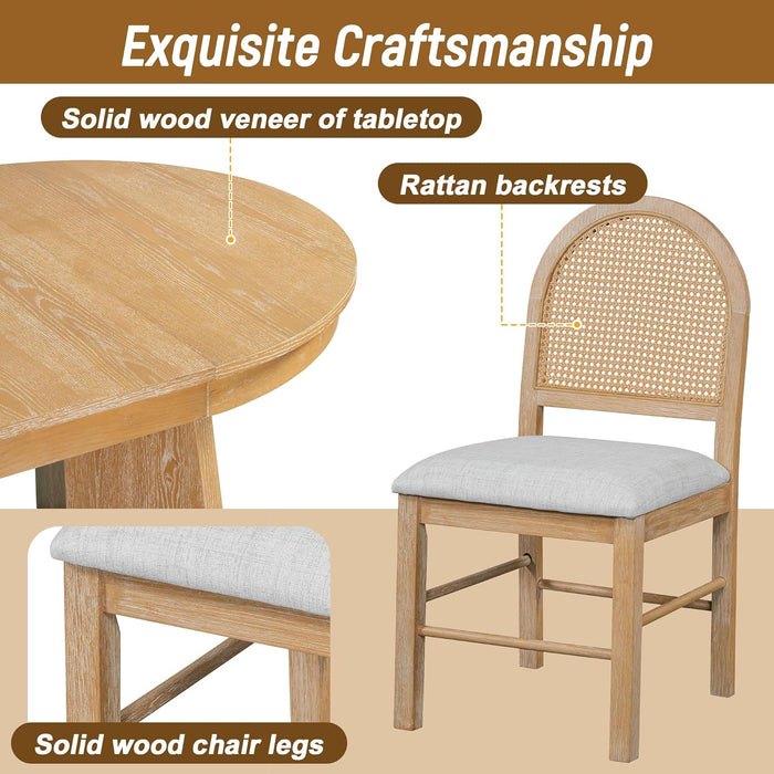 5-Piece Retro Functional Dining Set, Solid Wood Extendable Dining Table with 4 Upholstered Chairs and Rattan Backrests, round Dining Table Set for Dining Room Kitchen (Natural-7.7)