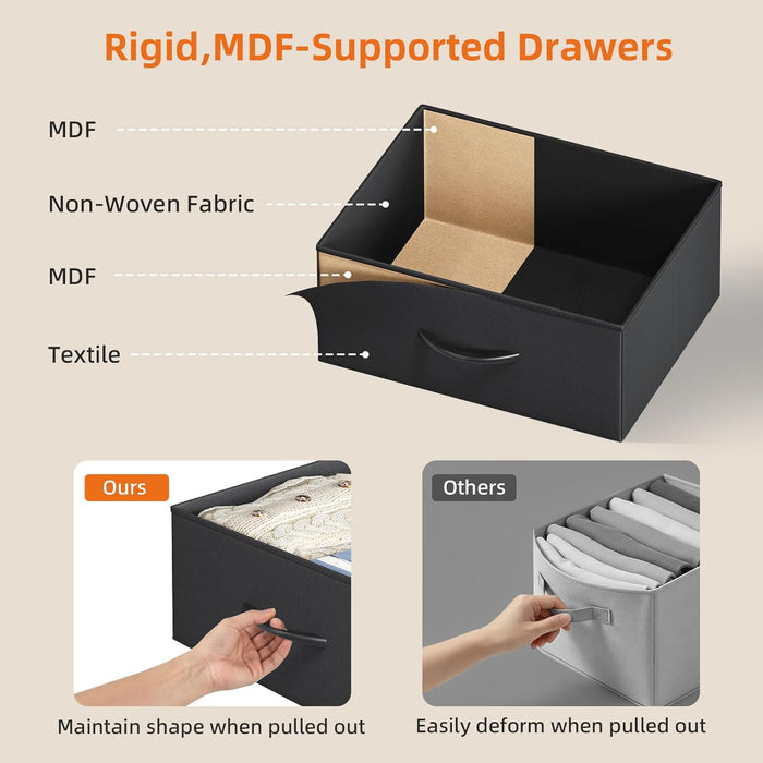 Black Nightstand with Charging Station and LED Light, Wide 5 Drawers Dresser for Bedroom with Fabric Bins and Open Shelf for Bedroom Kids Closet Dorm Guest Room, Black
