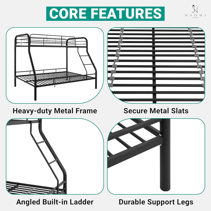 Hollywood Bunk Beds Twin over Full Size, Heavy Duty Metal Bunk Bed with Safety Guardrails, Angled Ladder, Underbed Storage, 800Lbs Capacity - for Kids and Teens, Twin over Full Bunk Bed, Black