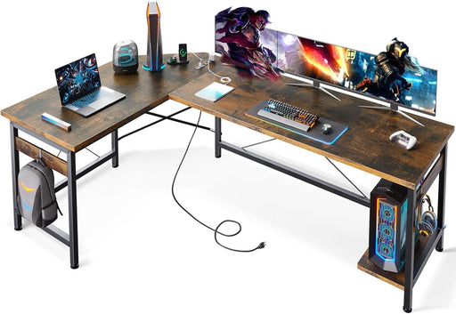 66" L Shaped Gaming Desk with Outlet, L Shaped Desk with CPU Stand, Corner Computer Desk, Home Office Desk, Writing Desk, Vintage - ShipItFurniture