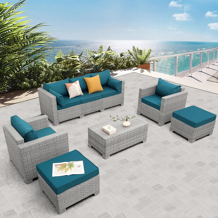Patio Furniture Set 6 Piece Outdoor Patio Set Grey Wicker Balcony Furniture Conversation Sets PE Rattan Couch Sofa with Coffee Table, Peacock Blue Cushion