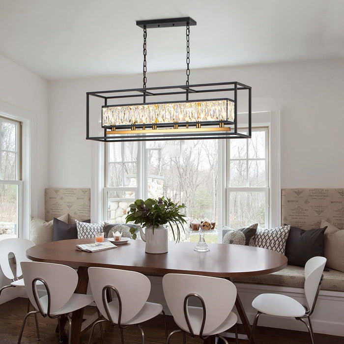 Crystal Chandeliers for Dining Room 6-Light Rectangle Modern Farmhouse Pendant Light Fixture for Kitchen Island Bar, L35 Inch