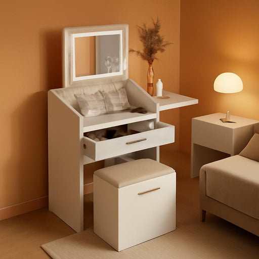 Small Vanity Desk Set with Flip-Top Mirror and Lights White Integrated 3 in 1 Makeup Vanities Set for Compact Space Mini Dressing Table with Fold-Up Panel and Storage Chair for Bedroom