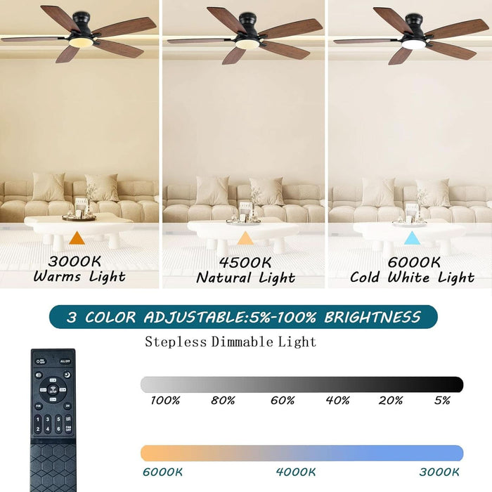 Ceiling Fans with Lights, 52 Inch Low Profile Ceiling Fan with Light and Remote Control, Flush Mount, DC Reversible Motor, Noiseless, Brown 6 Speeds Ceiling Fan for Bedroom