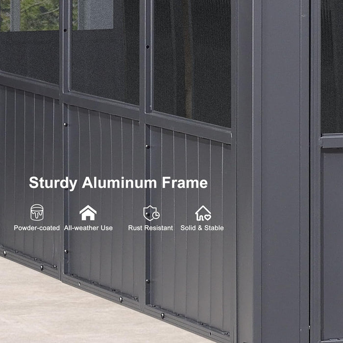 12' X 16' Solarium Sunroom Permanent Hardtop Gazebo Galvanized Steel Double Roof Aluminum Outdoor Screen House for Lawn Deck Backyard Grey