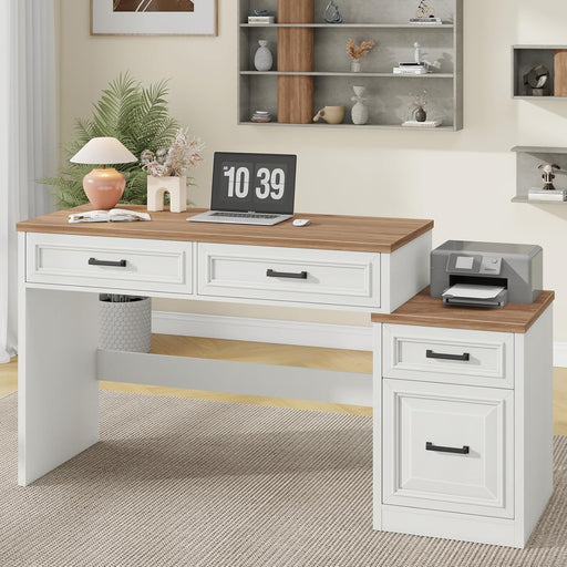61" Farmhouse Computer Desk with Storage and File Drawer, Executive Desks with Printer Stand, Rustic Large Home Writing Desk for Home Office.