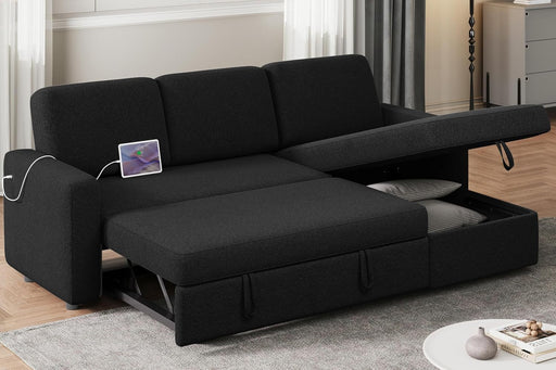 Sectional Sofa L-Shaped Sofa Couch Bed W/Chaise & USB, Reversible Couch Sleeper W/Pull Out Bed & Storage Space, 4-Seat Fabric Convertible Sofa, Pull Out Couch for Living Room Black