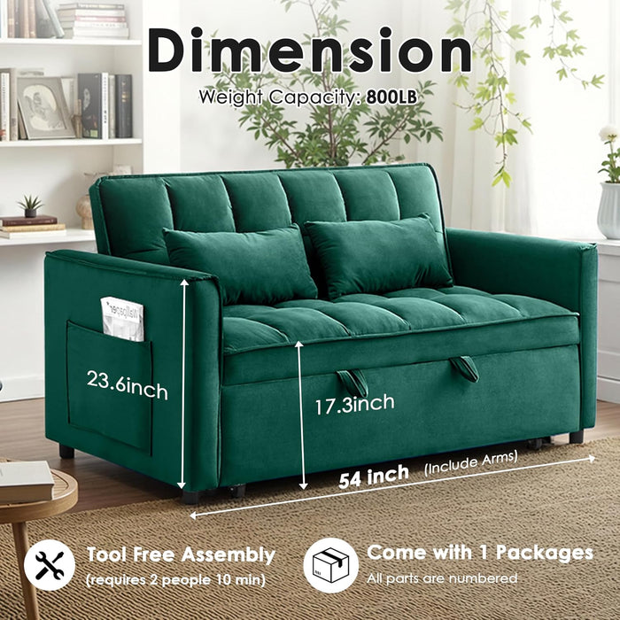 Sleeper Sofa Bed,55'' Convertible Pull Out Couch with Side Pockets,Velvet Fabric Loveseat Sleeper Sofa with Adjustable Backrest for Living Room,Bedroom,Apartment and Small Space, Green