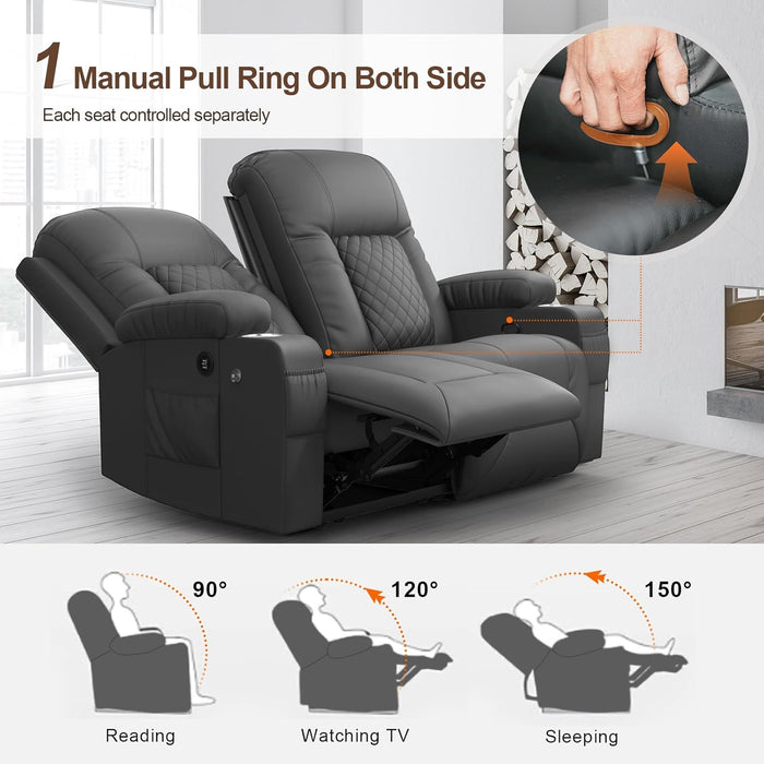 Loveseat Recliner Sofa, 2 Seater Reclining Loveseat Sofa, PU Leather RV Loveseat Couch, Modern Recliner Chair for Living Room, with Cup Holder and 2 Cell Phone Holder, USB Ports, Gray
