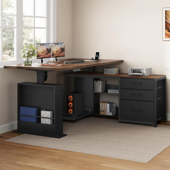 63 Inch L Shaped Desk with 3 Drawers Electric Standing Desks with Storage Computer Table Adjustable Height with Power Outlets 4 Memory Presets for Home Office, Rustic Brown