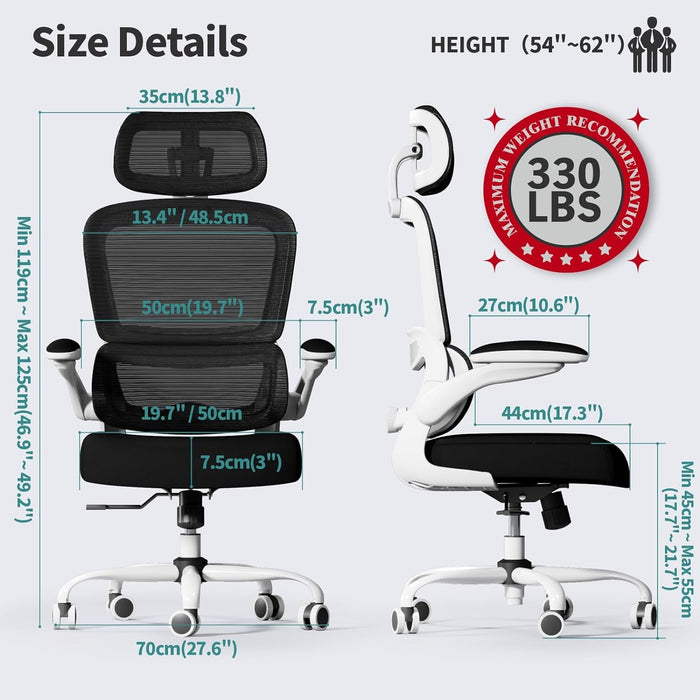 Office Chair Ergonomic Desk Chair, 330 LBS Home Mesh Office Desk Chairs with Wheels, Comfortable Gaming Chair, High Back Office Chair for Long Hours (Black & White)