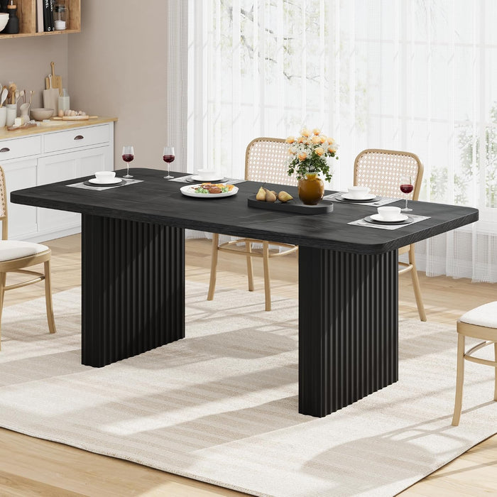 Modern Dining Table for 6-8, 71" Rectangular Farmhouse Kitchen Table with 3.6"×22.9" Black Fluted Wave Metal Legs & Wooden Top, Large Dining Table for Home Office, Dining, Black