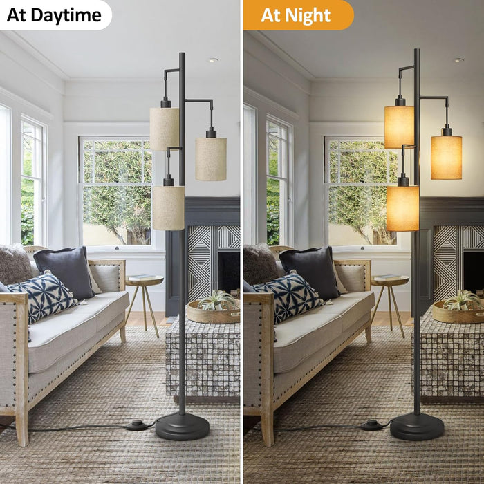 3 Lights Boho Floor Lamps with On/Off Foot Switch Tree Standing Lamp with Hanging Lampshades Farmhouse Floor Lamp Tall Pole Lamp for Living Room Bedroom Office, 3 PCS 6W Bulbs Included