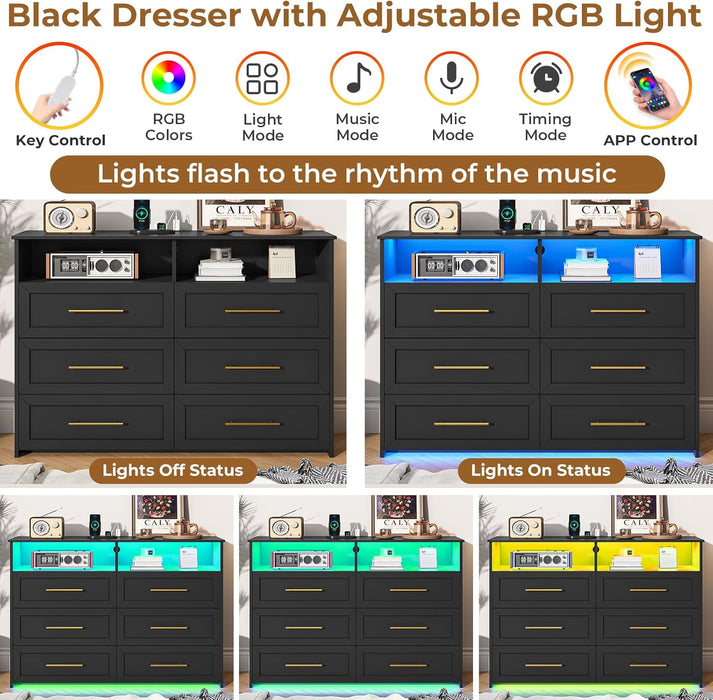 Black Six Drawer Dresser With LEDIlluminationTechnology