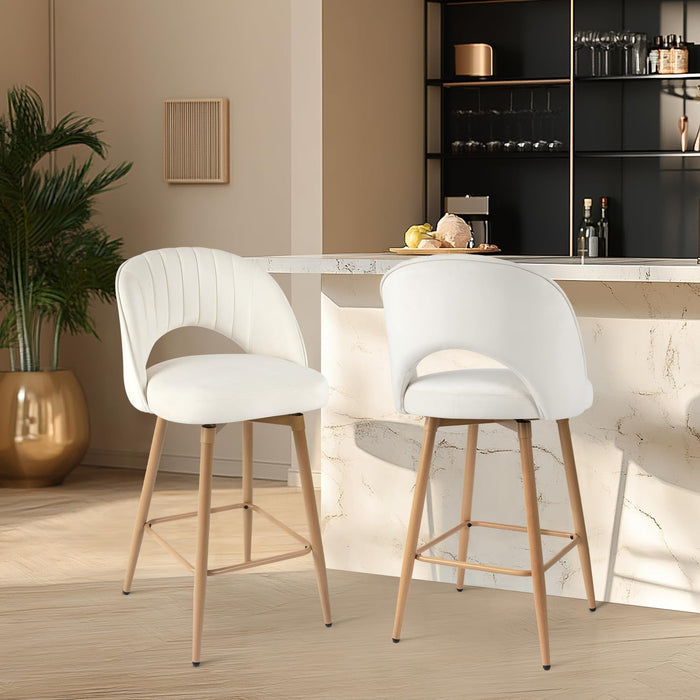 Swivel Bar Stools Set of 2, Counter Height Barstools for Kitchen Island, 26" Seat Height Bar Chairs for Dining Room, Velvet Upholstered Bar Stool with Back and Footrest, White