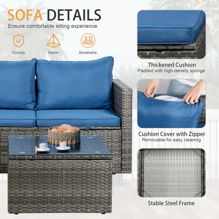 Outdoor Patio Furniture Sets, Small Outdoor Sofa Patio Sectional Sets 3-Piece All Weather Wicker Rattan Patio Seating Sofas with Glass Coffee Table and Cushion (Blue)