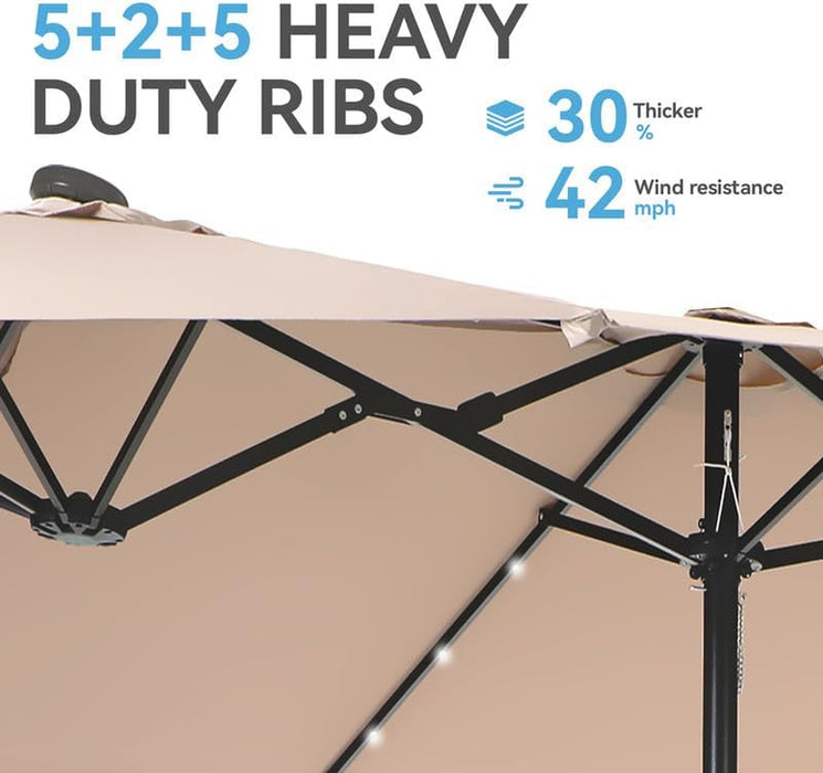 15 Ft Large Outdoor Patio Umbrella with Solar Led Lights & Base Included, Double-Sided Rectangular Table Umbrella with Stand, Market Umbrellas for Deck Poolside Garden Backyard, Beige
