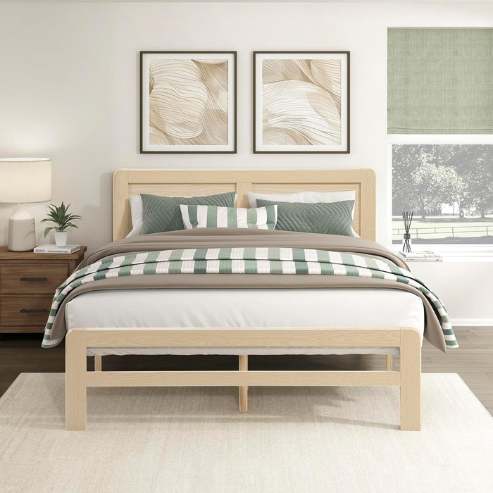 Queen Platform Bed, Faux Wood Veneer Platform Bed Frame with Panel Headboard, Strong Wooden Slats Support, No Box Spring Required, Easy Assembly, Natural